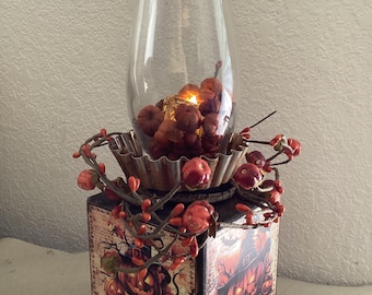 Lanterne à bougie en forme de bloc : Lampe tempête 4 faces style champêtre d'Halloween