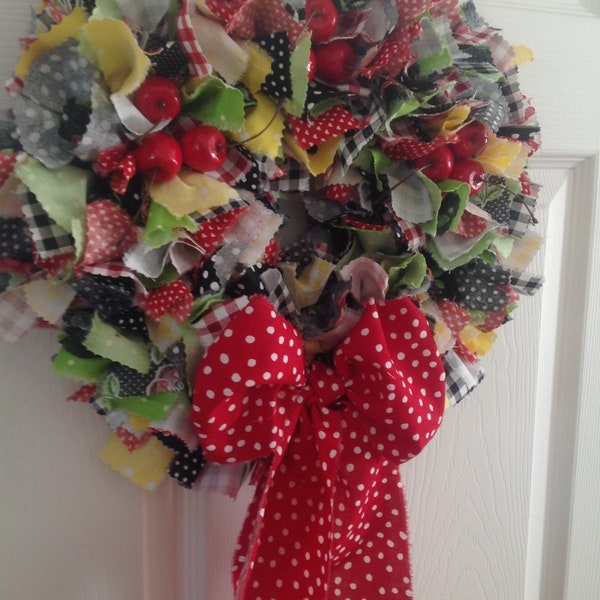 14" Mary Engelreit Style Rag Wreath, Red Cherries Rag Wreath, 14" Country Wreaths, Small Wreaths, Country Shabby Rag Wreath