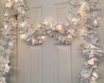 10’ Rag Garland: All White Rag Garland with 50 Lights (10 ft), Winter Garland