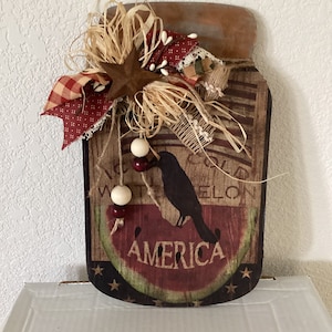 Lg Wood Mason Jar Sign, Crow On Watermelon Americana Wood Sign, Patriotic Wood Mason Jar Kitchen Sign, Land That I lLove Country Sign