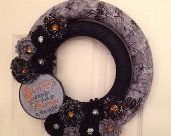 Handmade Halloween Wreath: 15” Sparkly Black Yarn, Spider Fabric, Rhinestone Buttons, Closeout