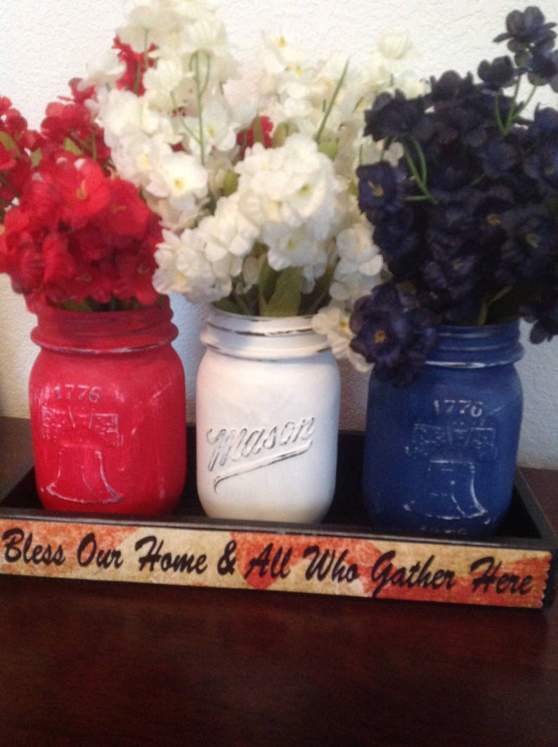 Liberty Mason Jars Red White Blue Mason Jar Painted Mason Jar Vintage Mason Jars 4th of July 1776 Jars Americana Mason Jar Centerpiece