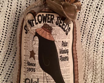 Burlap Pantry Bag: Old Crow Faux Sunflower Seed Bag, Rustic Farmhouse Decor