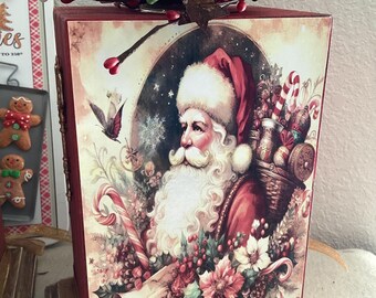 Block Candle Holder: Vintage Santa Claus, Two Sided Christmas Wood Block Candle Holder, Closeout!