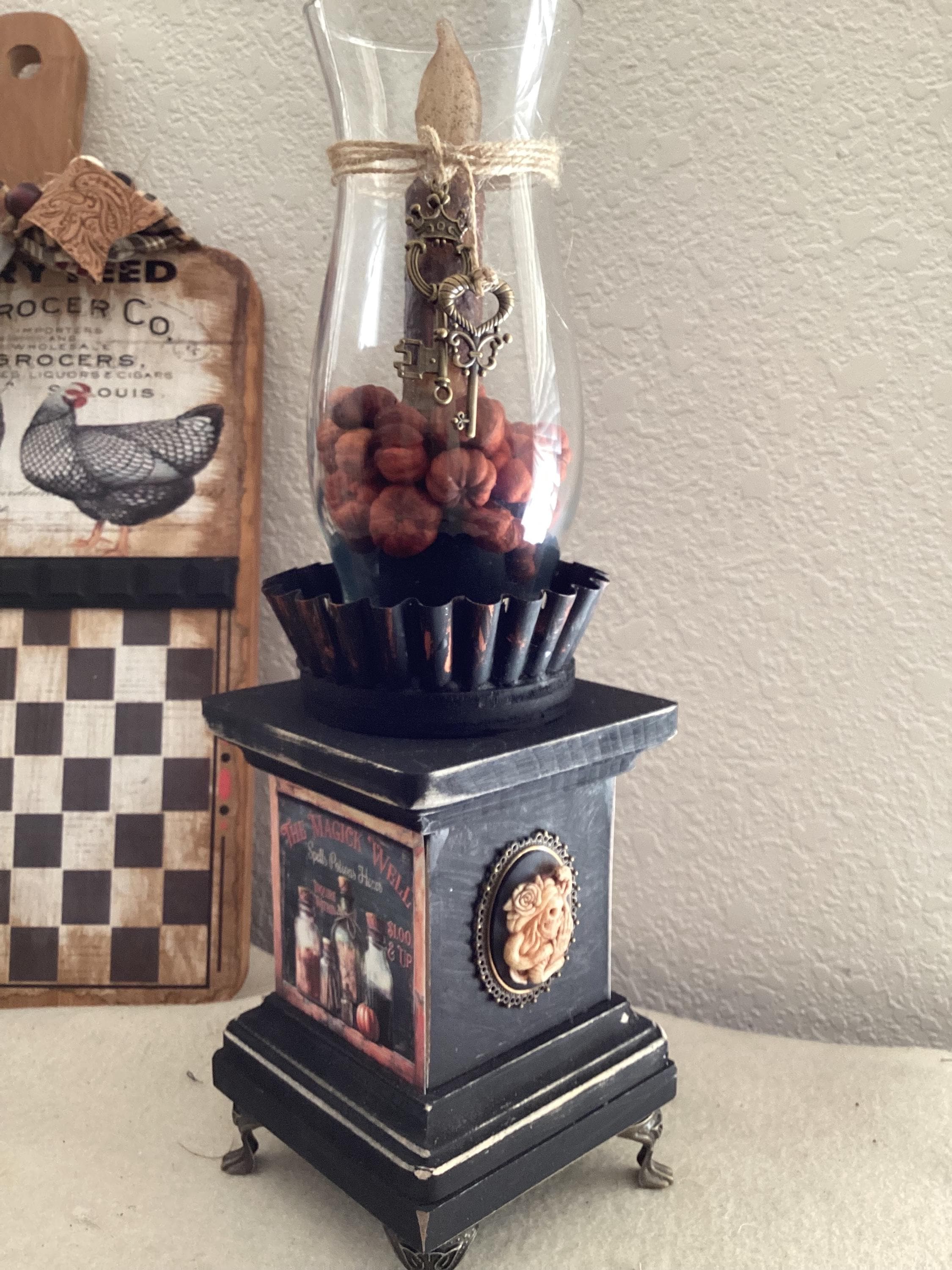 Halloween Candle Lantern, Dark Academia Alchemy Candle Holder, Apothecary Handmade Wood Candle Holder