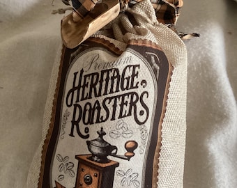 Burlap Pantry Bag: Heritage Roasters Faux Coffe Bag, Rustic Farmhouse Country