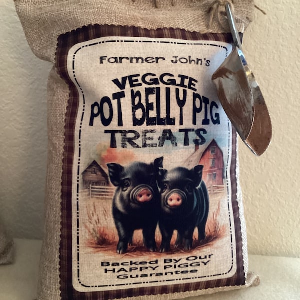 Pot Belly Pig Treats Burlap Pantry Bag, Faux Pot Belly Pig Rustic Country Farmhouse, Prim Fall Country, Free Ship!