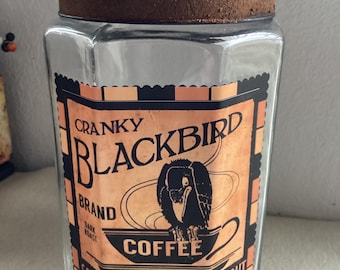 Coffee Jar: Cranky Blackbird Crow Coffee Octagon Glass Canister