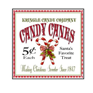 May include: A vintage-style sign for Kringle Candy Company advertising candy canes for 5 pence each. The sign features a red and white candy cane with a green bow and holly. The text reads "Santa's Favourite Treat" and "Making Christmas Sweeter Since 1847".