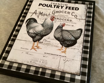 Vintage Rooster Chicken Wall Sign, Vintage Look Poultry Feed Farm Sign, 3-d look Farm House sign