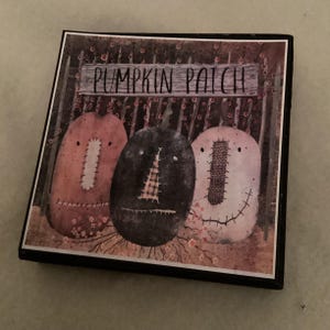 May include: A square, framed print featuring three whimsical pumpkins with stitched faces. The pumpkins are in shades of peach, black, and cream, set against a backdrop of a fence and the words "PUMPKIN PATCH".