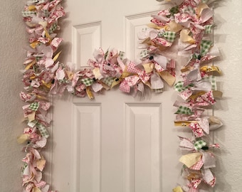 Lighted Spring /Pink Daisy/ Easter 11’ Rag Lighted Fabric Garland, Pink Daisy Garland, Rag Fabric Swag Garland, Country Spring Decor