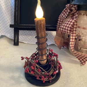 Spiral Spring Candle Holder: Red/Burgundy Pip Berry Rusty Stars, Grunge Prim Battery Taper