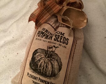 Burlap Pantry Bag: Pumpkin Faux Seed Bag, Rustic Farmhouse Decor