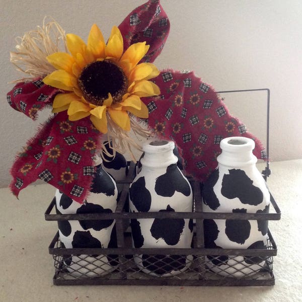 Moving Sale!  6 Cow Milk Bottles, Small Milk Bottle, Farmhouse Kitchen, Painted Milk Bottles, Milk Bottle Carrier, Black White Farmhouse