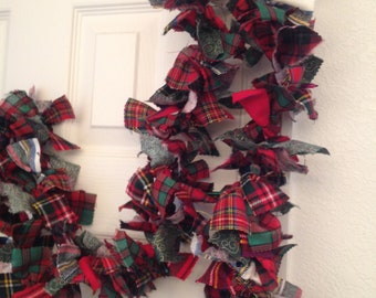 10’ Lighted Tartan Plaid Christmas Rag Fabric Garland, Tartan 10’ Rag Garland, 50 Clear Light Holiday Rag Garland, Lighted Country Holiday
