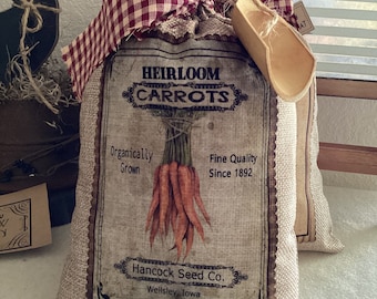 Carrot Seeds Burlap Handmade Pantry Bag, Rustic Easter Country Farmhouse Decor, Prim Spring Farmhouse Country
