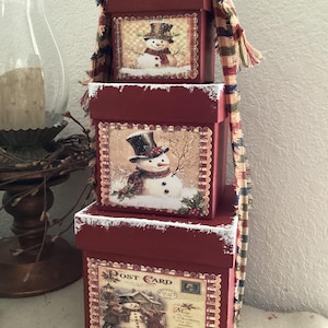Stacking Boxes: Stacking Snowman Square Boxes, Primitive Snowman Boxes