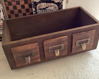 Wood Apothecary Library Handmade Faux Drawer Crate Box, Primitive Library Storage Drawer Box, Dark Academia Apothecary Box Decor