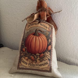 May include: A burlap bag with a vintage-style label featuring an orange pumpkin and the text "PUMPKIN SEEDS" and "GROW PRIZE PUMPKINS". The bag is tied with a plaid ribbon and a natural-colored bow.