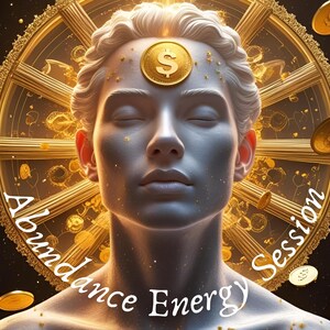 May include: Digital artwork featuring a calm face with closed eyes, a gold coin with a dollar sign on the forehead, and a golden wheel. Gold coins float around the figure. The words "Abundance Energy Session" are written across the image.