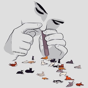 May include: A person is holding a tube and blowing out a stream of small cats. The cats are various colors and are scattered on a light gray background. The text "LVB.ART.COM" is visible in the lower left corner of the image.