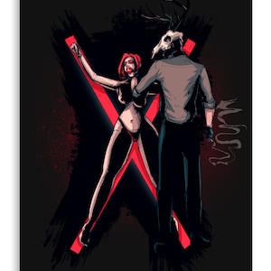 May include: A woman with red hair is tied up with red ropes in the shape of an X. A man with a deer skull mask is standing behind her. The background is black with red splatters.