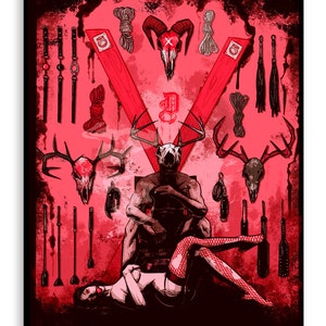 May include: A digital illustration of a dark figure with antlers sitting on a throne with a woman lying on the floor. The background is red with various tools and symbols, including ropes, whips, and skulls.