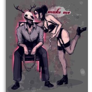May include: A woman in a black lingerie outfit with a skull mask and antlers stands behind a man in a gray shirt and pants, who is sitting on a chair. The woman is holding handcuffs and a rope. The text "make me" is written in pink on the wall behind them.