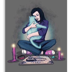 May include: A woman sits with her legs crossed, holding a translucent blue cat in her arms. She is surrounded by candles and a Ouija board with the words "GOOD BYE" printed on it.