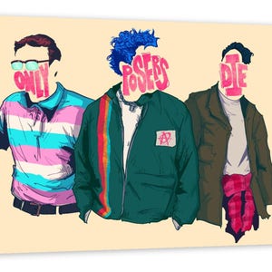 May include: Three illustrated figures with text over their faces. The figure on the left has "ONLY" over their face, the figure in the middle has "POSERS" over their face, and the figure on the right has "DIE" over their face.