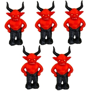 May include: Five red devil figurines with black horns, pants, and boots are arranged against a white background. The figurines have a menacing expression and are posed with their hands on their hips. The overall theme is Halloween or a similar spooky occasion.