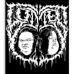 May include: Black and white graphic art print featuring two stylized faces with intense expressions. The faces are framed by a decorative white border with dripping accents, set against a solid black background. The word "LUMEN" is at the top.