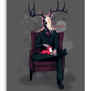 May include: A dark gray background with a stylized illustration of a person with a deer skull head wearing a suit and holding a red cat. The text "good kitten" is written in red above the cat.