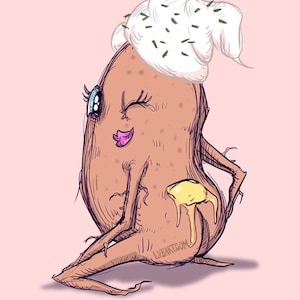 Może przedstawiać: Kreskówkowa ilustracja ziemniaka w białym ręczniku z zielonymi gałązkami na górze, mrugającego niebieskimi oczami i różową szminką, z żółtą plamą masła na pośladku.