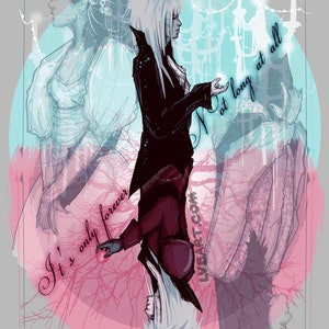 May include: A digital illustration of two figures, one in a white dress and the other in a black coat, standing in front of a pink and blue background. The text "It's only forever not long at all" is written on the image.