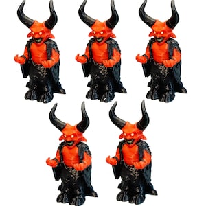 May include: Five identical standing figurines of a horned creature with bright orange skin, black horns, and a black cape. The creature has a wide, toothy grin, glowing white eyes, and clawed hands extended forward in a gesture of offering.