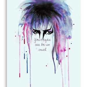 May include: A watercolor painting of a person's face with purple, pink, and blue paint splatters. The eyes are outlined in black and the text "Your eyes can be so cruel" is written below the face.