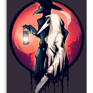 May include: Two figures wearing plague doctor masks stand in front of a red moon. One figure is wearing a black cloak and holding a lantern. The other figure is wearing a white cloak and holding a chainsaw.