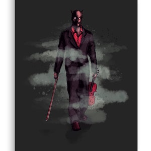 May include: A digital illustration of a man with red horns and a red shirt, holding a violin and a stick, standing in a smoky, dark background.