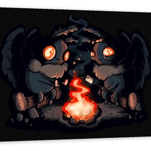 May include: Two blue and black creatures with large eyes and wings are sitting by a campfire, roasting marshmallows on sticks. The fire is orange and red, and the background is black.