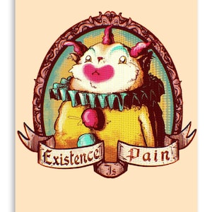 Puede incluir: Ilustración caprichosa de una criatura de dibujos animados con boca rosa en forma de corazón, con cuello con volantes y una pancarta que dice "Existence Is Pain". La obra de arte está enmarcada.