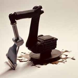 May include: A black robotic arm with a silver and blue tool is positioned near a dark brown spill. The arm is connected to a black base. The image is set against a light background.