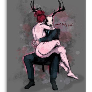 May include: A digital illustration of a person with a deer skull head wearing a suit and holding a woman in their lap. The woman is wearing a pink dress and has red hair. The background is a gray watercolor wash. The text "sweet baby girl..." is written in red.