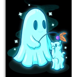 May include: A blue ghost with a friendly smile holds a stick with a purple and orange leaf on the end. A smaller blue ghost with a cat-like face follows behind, looking up at the leaf.