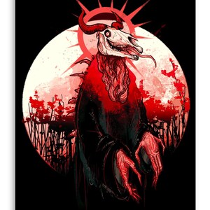 May include: A digital illustration of a creature with a skull head, red horns, and a long tongue. The figure is draped in a black cloak, set against a red and white background with a sunburst design and a red moon.