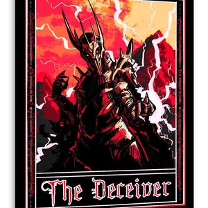 May include: A rectangular art print featuring a dark armored figure with a spiked helmet and gauntlets, set against a vibrant red and orange background with white lightning bolts. The text "The Deceiver" is printed in a gothic font at the bottom.