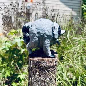 May include: A small, three-dimensional gray raccoon figurine with a rounded, plump body shape. The figure features a black mask around the eyes, black ears, and a striped black and gray tail. The raccoon is depicted in a standing position with visible texture.