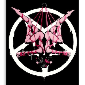 May include: A black and white illustration of a pentagram with two figures bound and suspended by pink ropes. The figures are upside down and their legs are spread apart.
