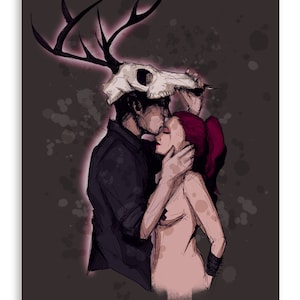 May include: A couple embracing, one wearing a deer skull mask, the other with pink hair. The image is drawn in a dark, stylized manner with a gray background.